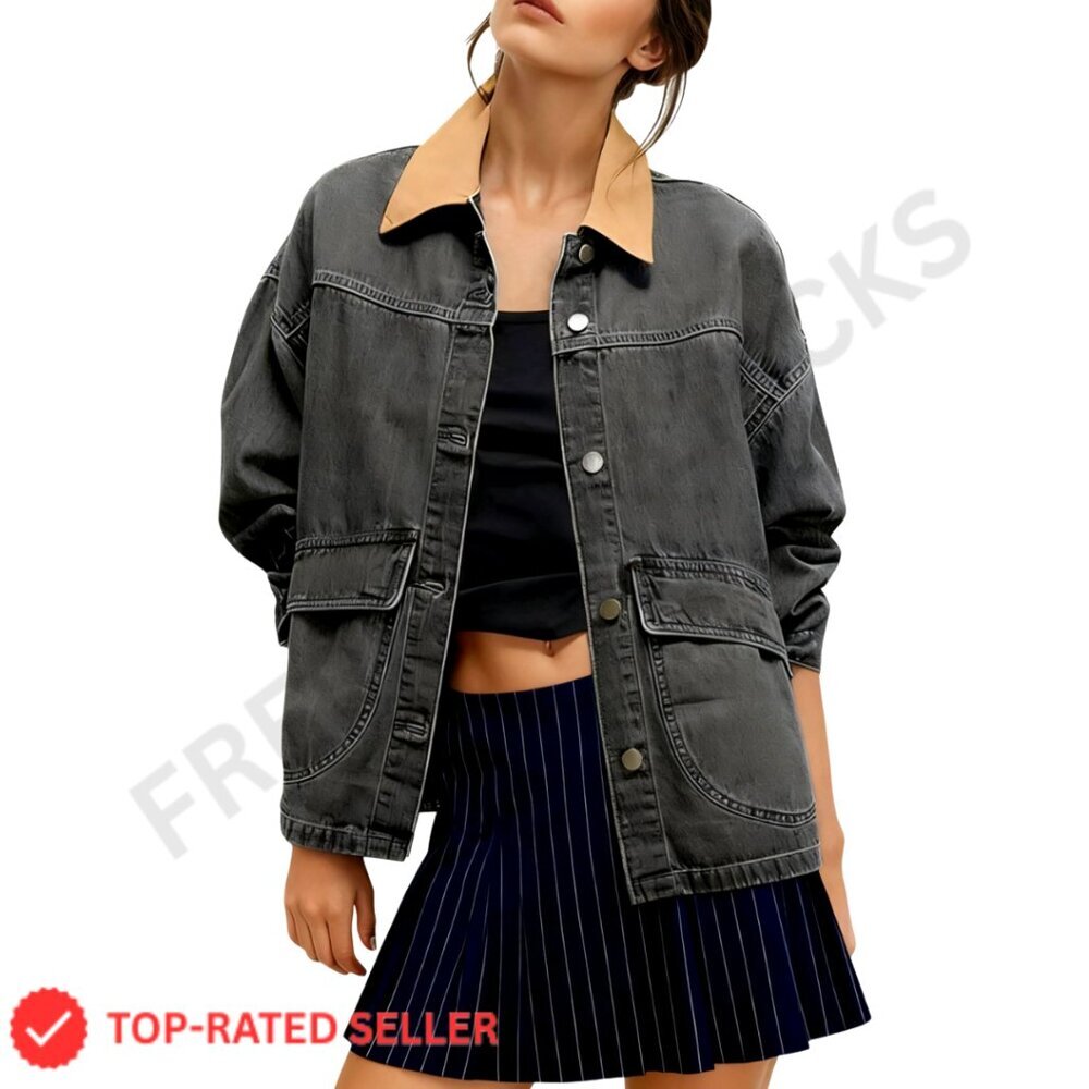 Oversized Denim Barn Jacket Retro Chic Button Down Big Pockets Transitional - Picture 1 of 8